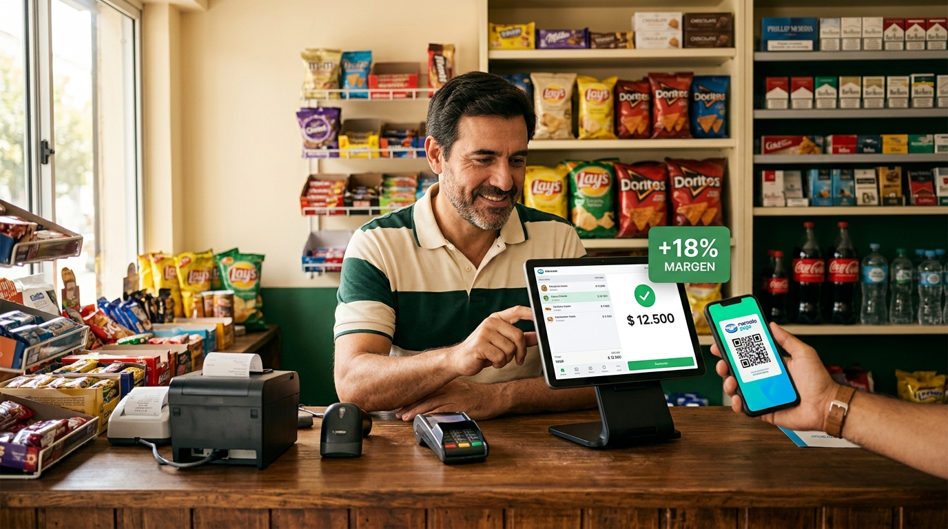 Kiosquero cobrando con Mercado Pago y viendo el margen en tiempo real