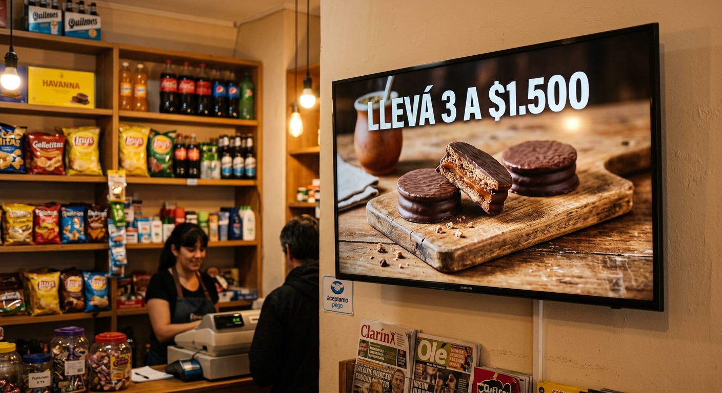 TV en el kiosco mostrando una promoción de alfajor con precio destacado